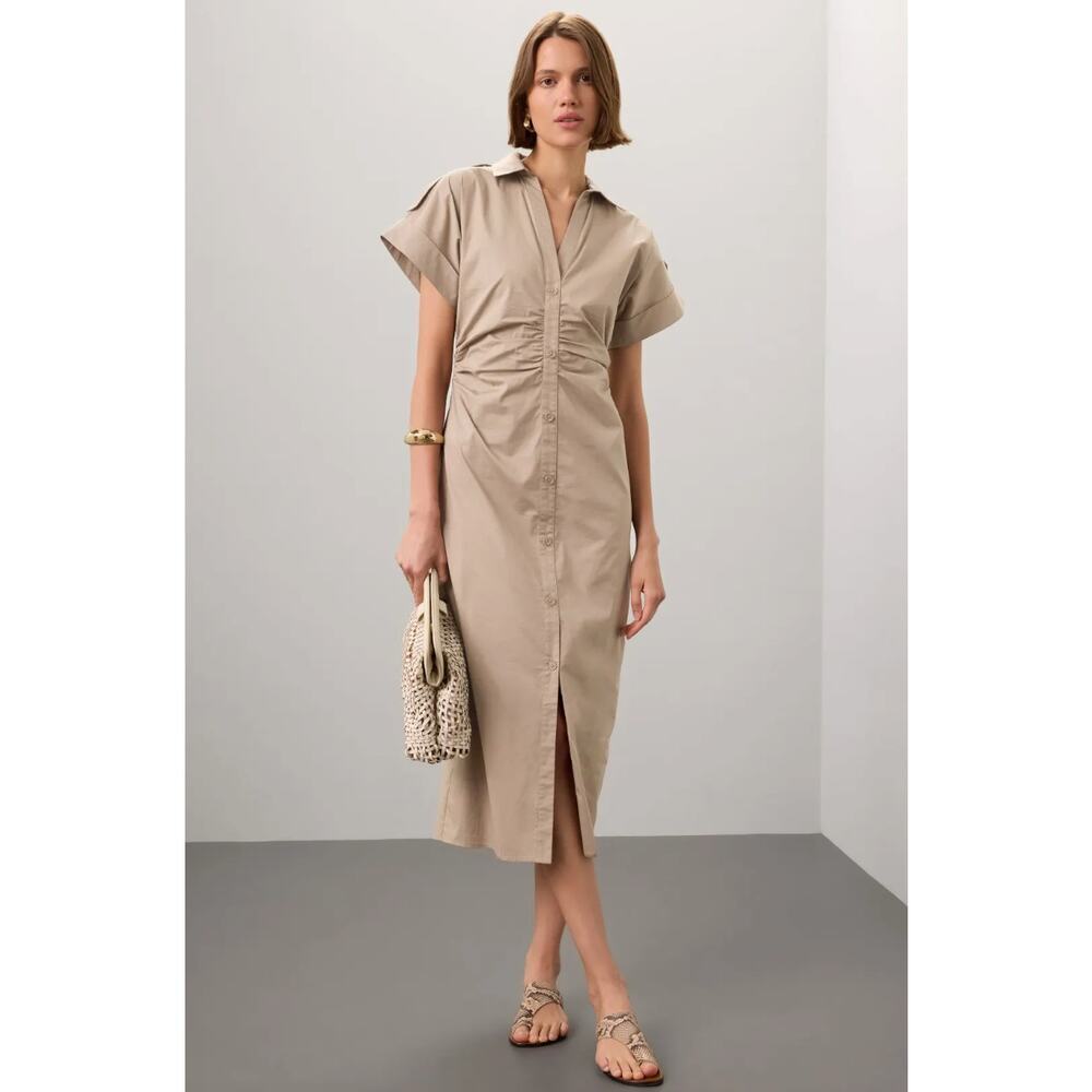 Saunders Beige Ruched Shirt Dress Belted Long Sleeve Casual Chic Sz 16